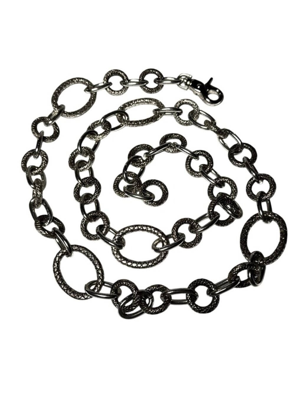 Heavy Silver-Tone Chain Link Belt W/Textured & Smooth Links Lobster Clasp Adjust